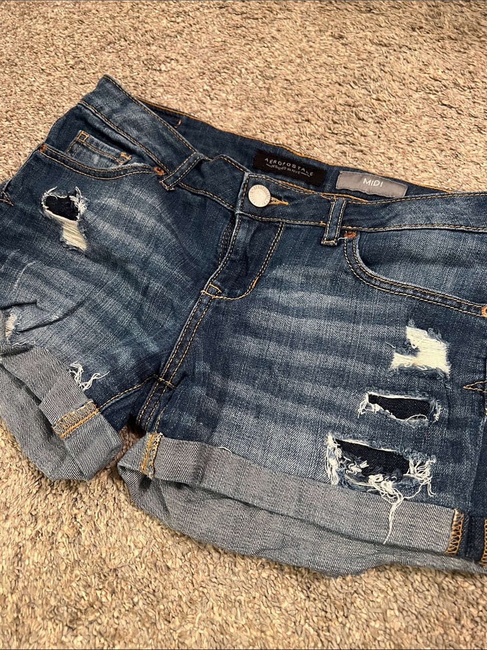 Aeropostale Distressed Dark Blue Denim Midi Shorts
